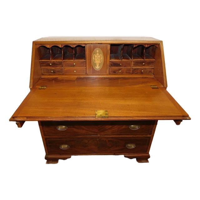 Late 19th Century Mahogany Slant-Front Bureau Desk With Marquetry Inlay and Brass Hardware For Sale