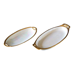 Vintage Iridescent Porcelain Oval Relish / Serving Platter Set – Gold Trim – Open Handles – Bavaria & m.p. Stokes Japan