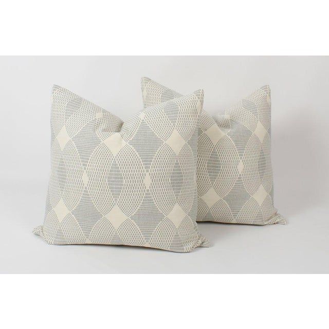 Pair of custom linen and cotton blend light blue-and-ivory geometric dot pattern throw pillow covers with pattern on...