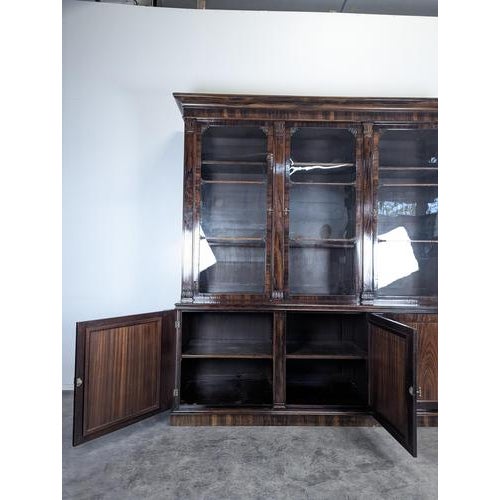 Large English Bookcase in Exotic Wood with Three Glass Doors For Sale - Image 4 of 17