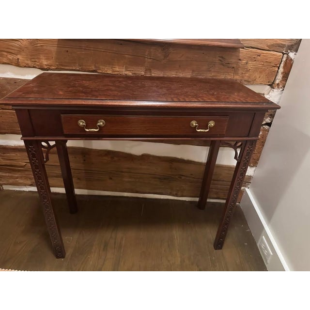 1960s Chippendale Walnut Burl Console Table With Banded Top For Sale - Image 9 of 10
