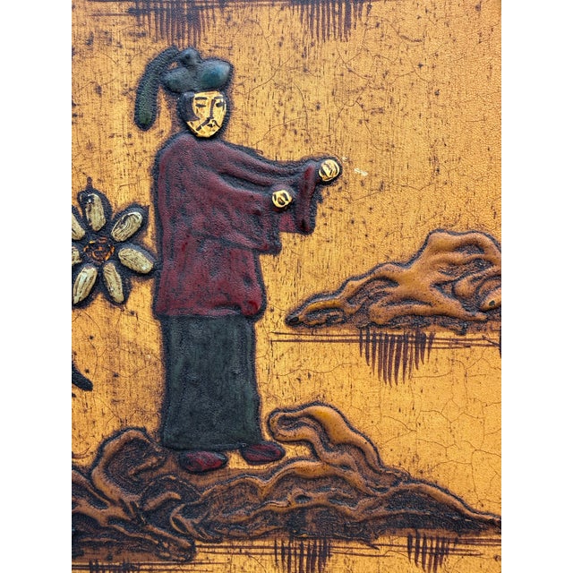 Mid-Century Chinoiserie Scenic Two-Door Cabinet With Ornate Brass Hardware For Sale - Image 4 of 18