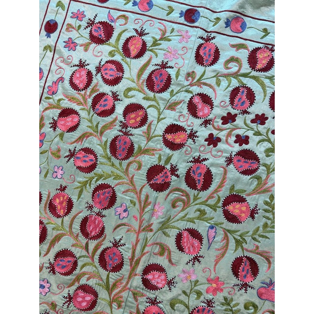 Green Silk Suzani Tapestry With Pomegranate Tree For Sale - Image 4 of 9