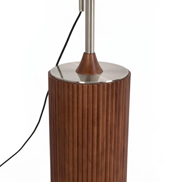 1980s 1980s Nova of California Tambo Floor Lamp - 92" Mid Century Arc Lamp, Dark Walnut Wood Base, Satin Nickel Finish, White Drum Shade For Sale - Image 5 of 6