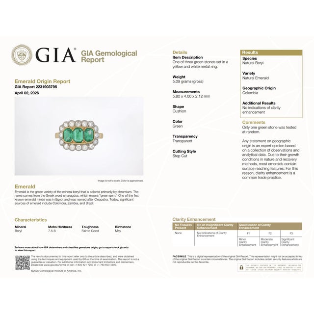 Metal 1940s Retro English Gia Colombia No Oil Emerald Diamond 18k Two Tone Gold Ring, Size 4 For Sale - Image 7 of 8