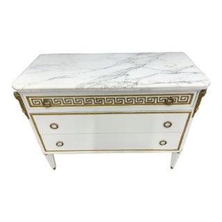 Mid 20th Century White Wood French Louis XVI Jansen Style Chest Commode With Marble Top For Sale