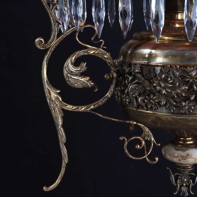 Metal Late 19th Century Victorian Brass, Bronze & Crystal Chandelier With Peachblow Hobnail Glass Shade For Sale - Image 7 of 17