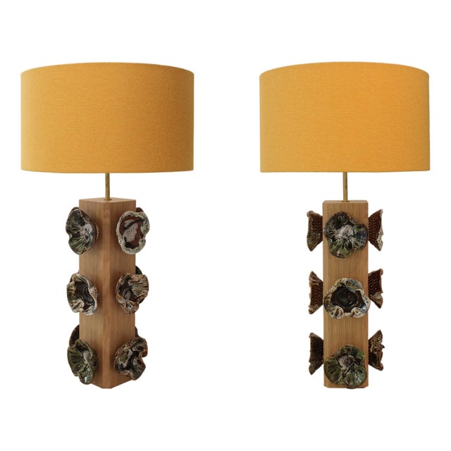 German Ceramic Flower and Oak Table Lamps, Germany, 2010s, Set of 2 For Sale