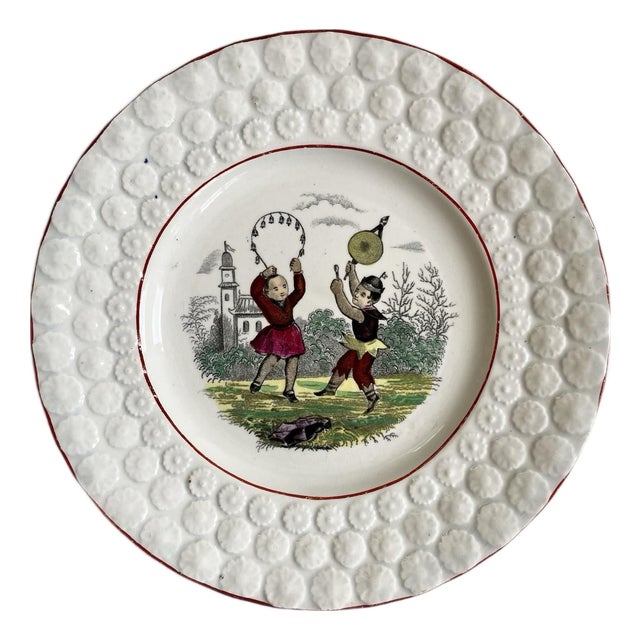 Antique Jb Cappellemans Pearlware Child’s Plate, Children Playing 1847-1870 For Sale