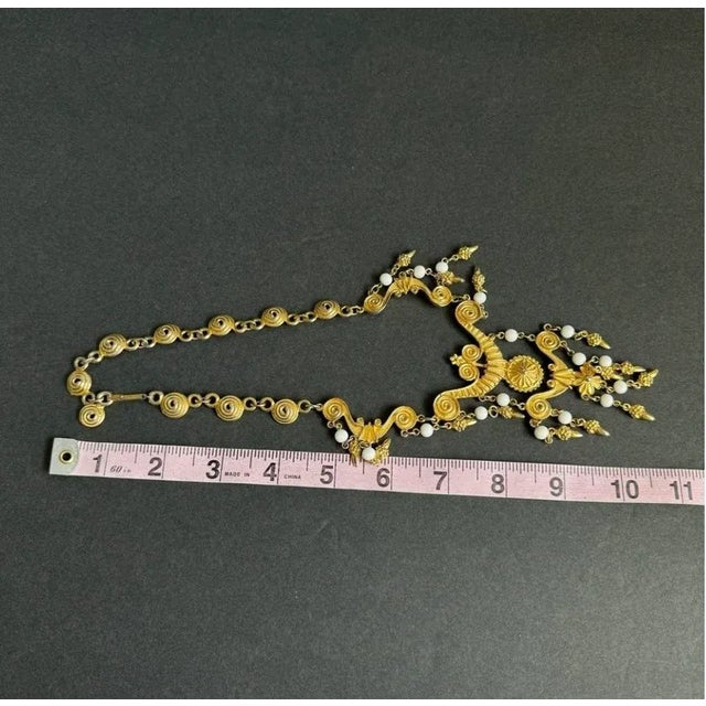 Gold Tone Bib Statement Necklace Waterfall Pendants Etruscan Revival Maximalist Vendome For Sale - Image 10 of 11