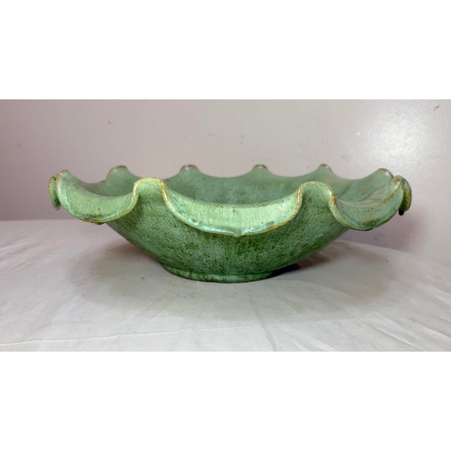Large Antique Handmade North Carolina Us Green Glaze Centerpiece Pottery Bowl For Sale - Image 4 of 14