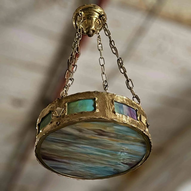 Traditional Round Brass Chandelier With Slag Glass Insets For Sale - Image 3 of 4