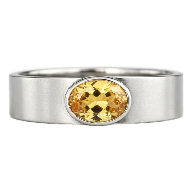 Bezel Set Oval Citrine Wide Matte Band Silver, Gold, Size 10 For Sale