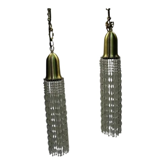 Modern Frosted Glass Beads Pendant Lamps with Brass Shades and Chains - a Pair For Sale