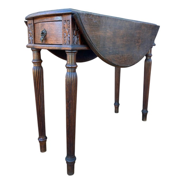Spanish Neoclassical Oak Drop-Leaf Table with Drawer, Early 20th Century For Sale