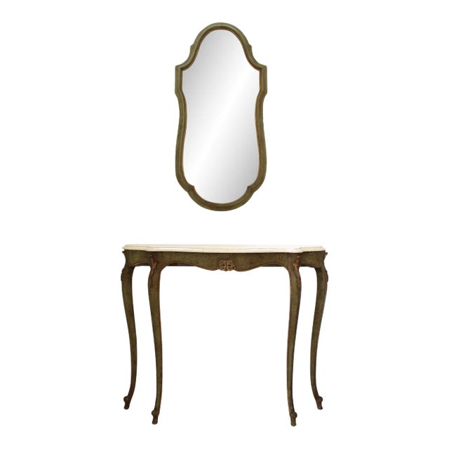 1960's Antique Carved Demilune Marble Top Console/Mirror For Sale