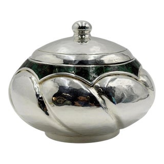 1960s Los Castillo Taxco Silver Plate & Malachite Lidded Bowl, Mexican Modernism For Sale