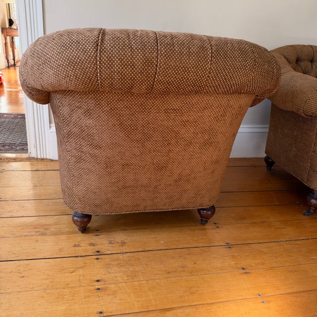 Wood Pair of Chesterfield Tufted Deep Club Chairs With Turned Wooden Legs and Brass Casters For Sale - Image 7 of 16