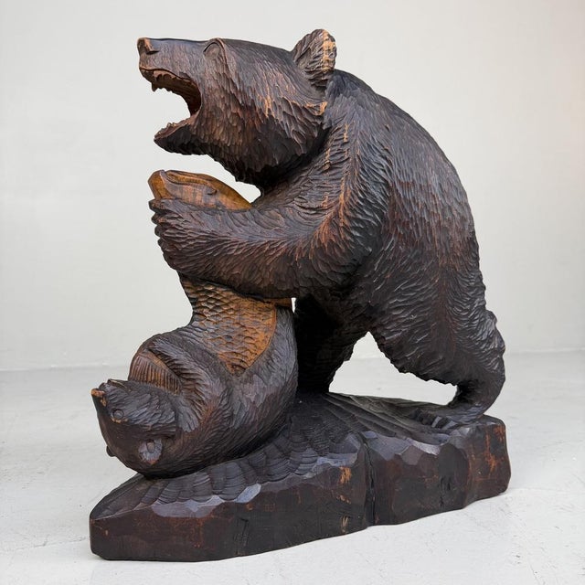 Large Wooden Ainu Bear with Cub and Salmon, 1950s For Sale - Image 9 of 9