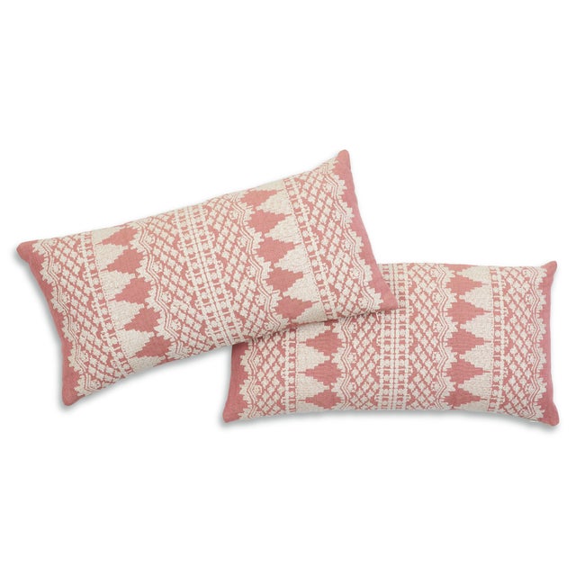 Rustic Schumacher Wentworth Embroidery Lumbar Pillow in Rose For Sale - Image 3 of 10