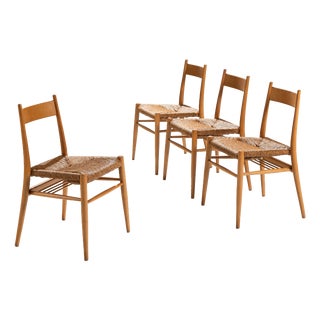 Oak Dining Chairs with Papercord Seats, 1970s, Set of 4 For Sale