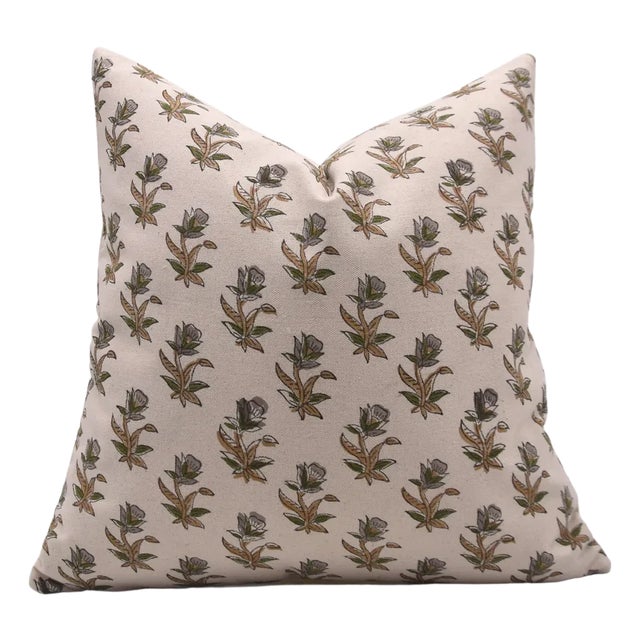 Floral Block Printed Duck Canvas Pillow Cover 16x16 Inch- Coastal Tulip For Sale