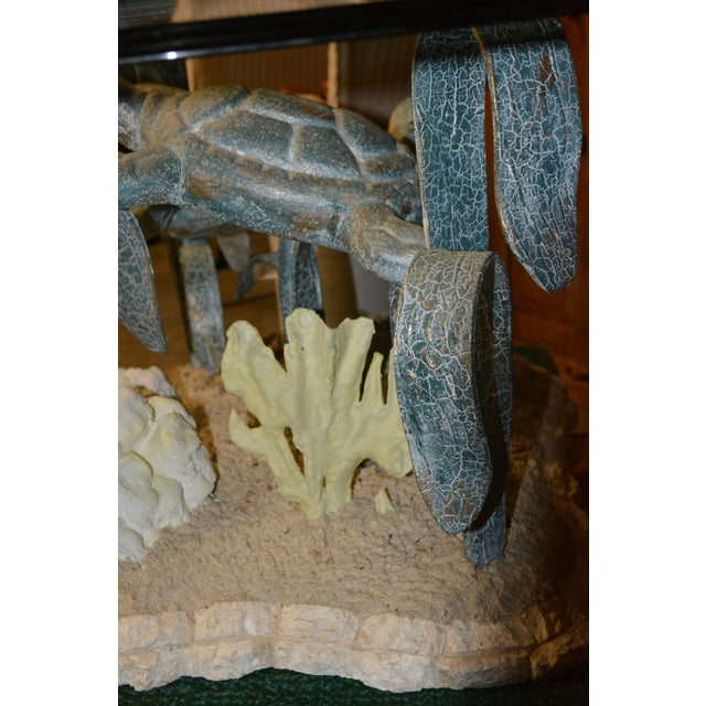 VTG Metal / 'Bronze' Aqua Patina Sea Turtles Ocean Round Glass Coffee Table For Sale - Image 6 of 18