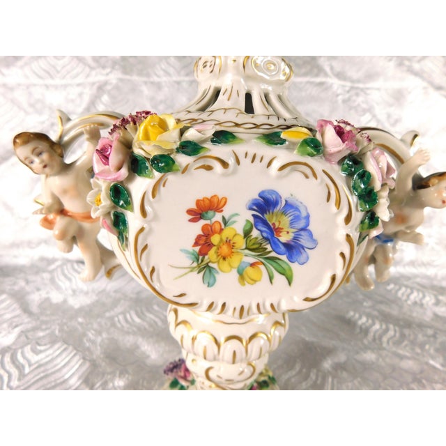 Cream Dresden Footed Bowl With Angels and Three Dimensional Flowers For Sale - Image 8 of 18
