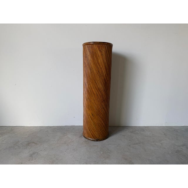 1970s Vintage Boho Chic Pencil Reed & Wood Cylindrical Pedestal Plant Stand For Sale - Image 4 of 12