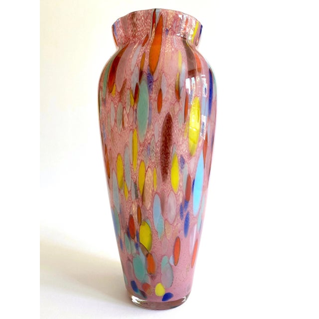 Contemporary Vintage 1980's Post Modern Abstract Hand Blown Studio Art Glass Multicolor Tall Flower Vase For Sale - Image 3 of 13