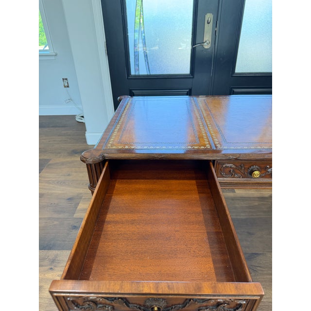 Brown 1980s Maitland-Smith Carved Mahogany Leather Top Writing Desk For Sale - Image 8 of 16