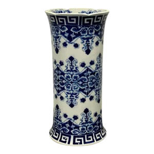 Oriental Porcelain Flow Blue White Umbrella Stand, Large Vase, Floral Decorated