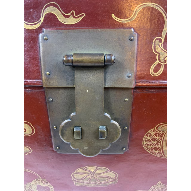 Vintage Chinese Leather Painted Trunk Coffee Table With Wood Stand, Glass Top For Sale - Image 12 of 12