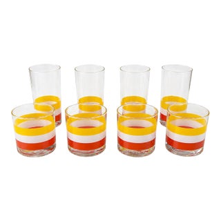 Vintage Orange Mid Century Modern Yellow, White Striped Georges Briard Glasses. - Set of 8 For Sale