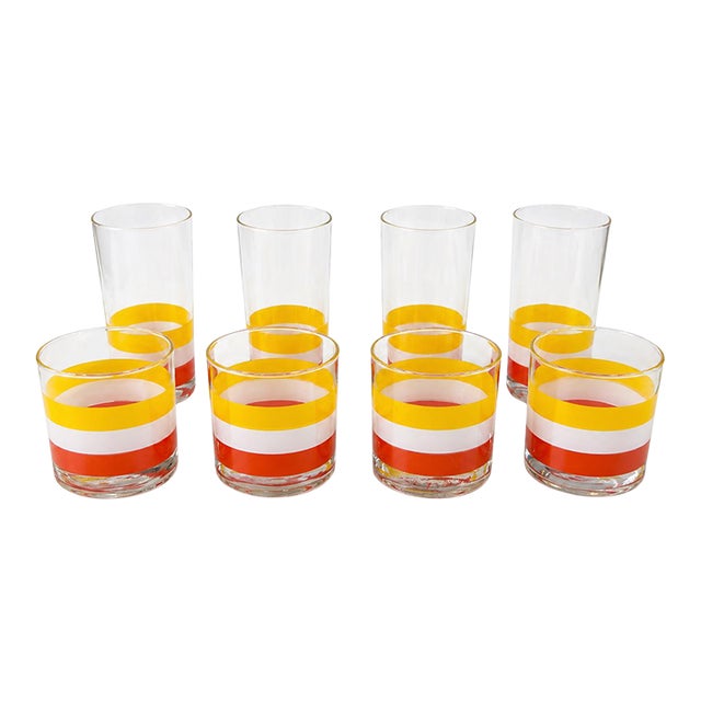 Vintage Orange Mid Century Modern Yellow, White Striped Georges Briard Glasses. - Set of 8 For Sale