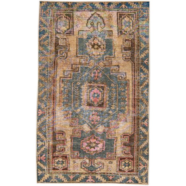 Textile 1960s Vintage Persian Distressed Handmade Geometric Tan Wool Rug For Sale - Image 7 of 7