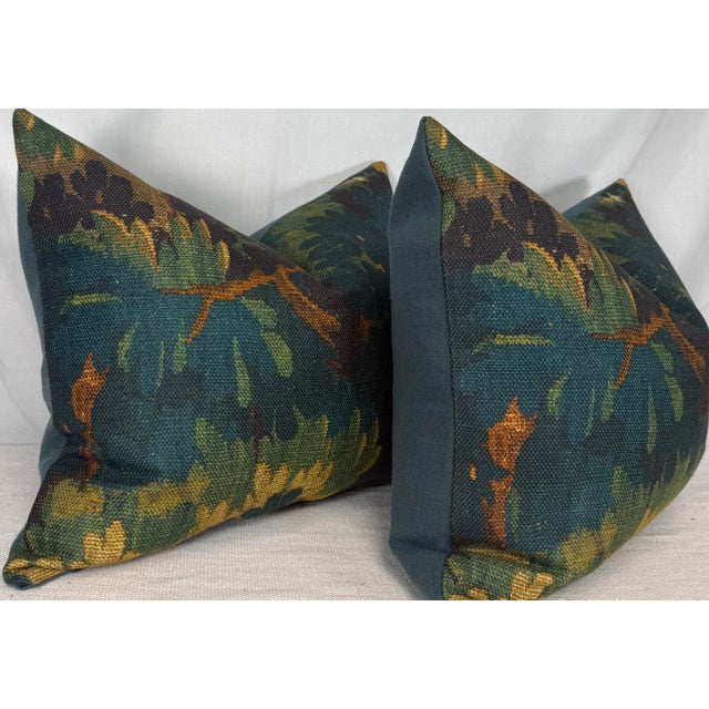 Custom pair of 16"x20" pillows covered in Dedar "Schwarzwald" in color verdue and backed in a coordinating teal linen....
