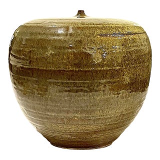 1980's Studio Pottery Olive Green Stoneware Vessel - Nipple Top Opening - Ken Edwards Montana Potter For Sale
