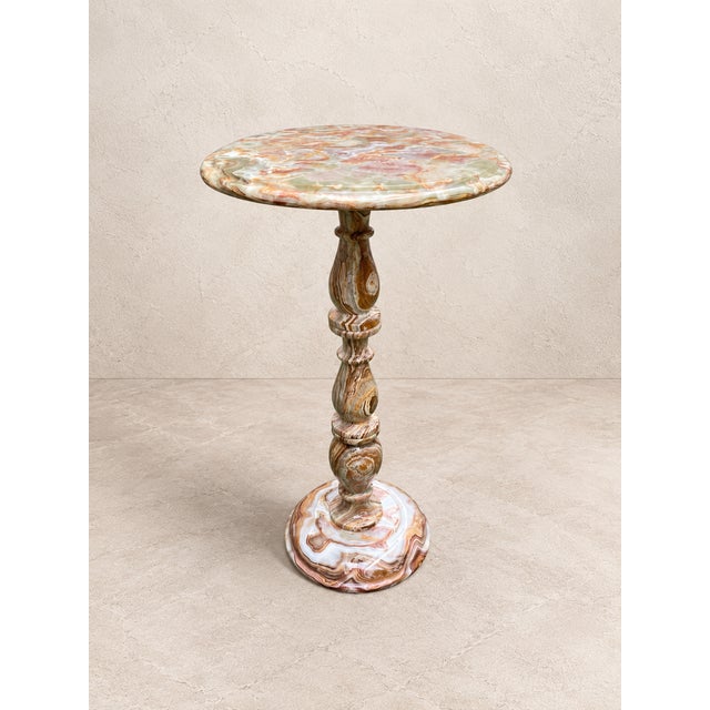 Handcrafted Natural Green & Peach Onyx Pedestal Side Table by Zarva Stone For Sale - Image 4 of 10