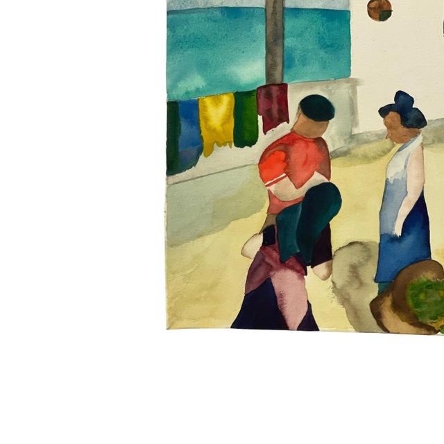 1970s Signed M. Hinea Coastal Village Market Original Watercolor Painting. For Sale In Seattle - Image 6 of 10