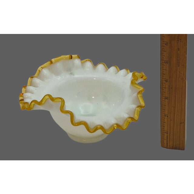 White Vintage Fenton Milk-Glass Crimped Ruffled Amber Yellow Edge Candy Dish Bowl For Sale - Image 8 of 9