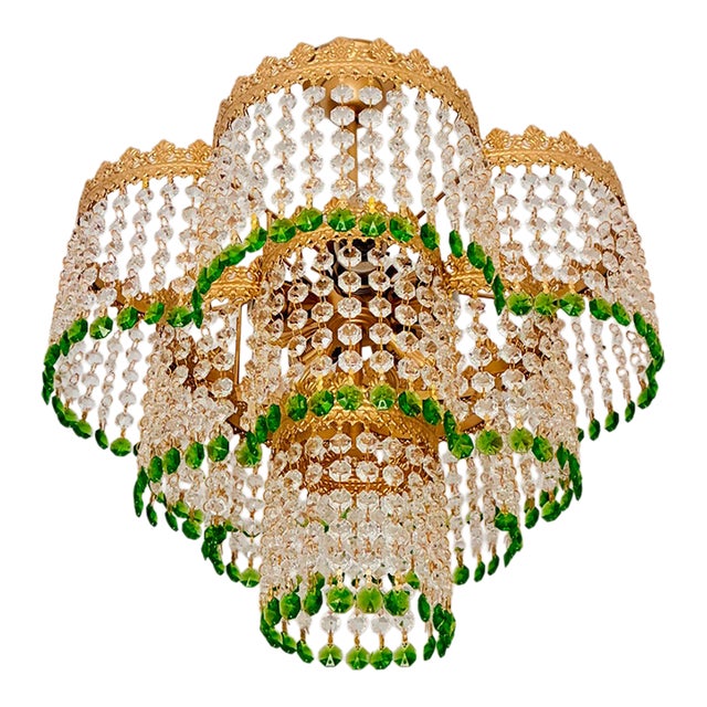 Vintage Crystal Tiered Flush Mount Chandelier With Green Crystal Accents - Restored For Sale