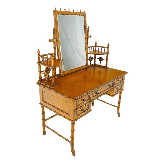 Fine Faux Burnt Bamboo Vanity Dressing 5 Drawers Table Tilting Mirror MINT For Sale