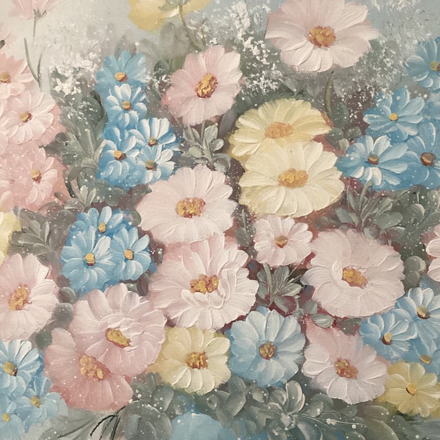 Vintage Still Life Pastel Painting on Canvas “Summer Bouquet in Blue Vase“ Signed Framed For Sale In Chicago - Image 6 of 12