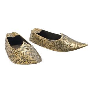 Pair of Small Vintage Slipper Ashtrays, Indian Brass Cigarette Rest, Mid Century For Sale