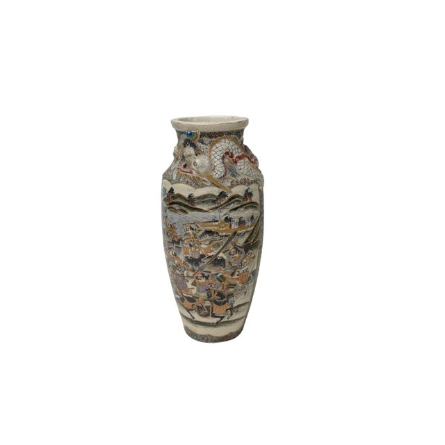 Ceramic Vintage Asian Satusma Ceramic Handpainted Samurai Relief Dragon Motif Vase For Sale - Image 7 of 18