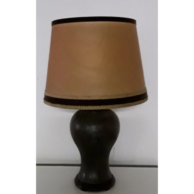 Table Lamp with Green Patinated Brass Base & Parchment Shade with Brown Border, 1930s, in Good conditions. Designed 1920...