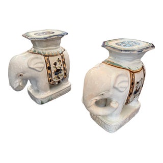 Pair of Vintage Chinese Export Glazed Ceramic Elephant Garden Stools For Sale