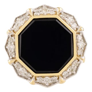 14k Yellow Gold Black Onyx Halo Diamond Cocktail Ring Size 5.5 For Sale