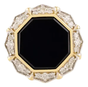 14k Yellow Gold Black Onyx Halo Diamond Cocktail Ring Size 5.5